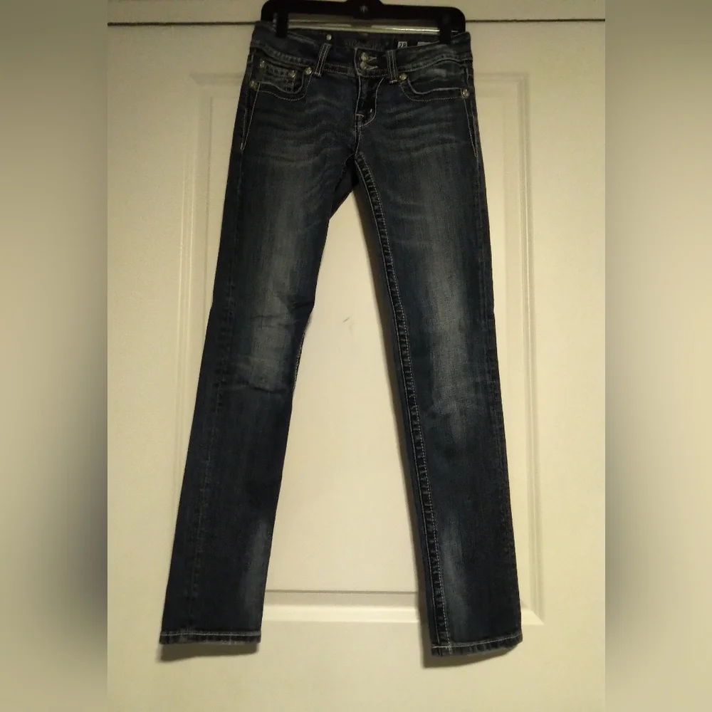 Miss Me Dark Blue Skinny Jeans with Embellished Pockets - Size 28